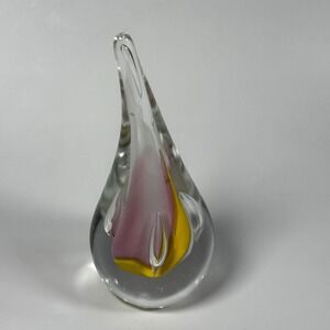 Vtg Adam Jablonski Poland Lead Crystal‎ Teardrop Paperweight Pink Yellow Signed
